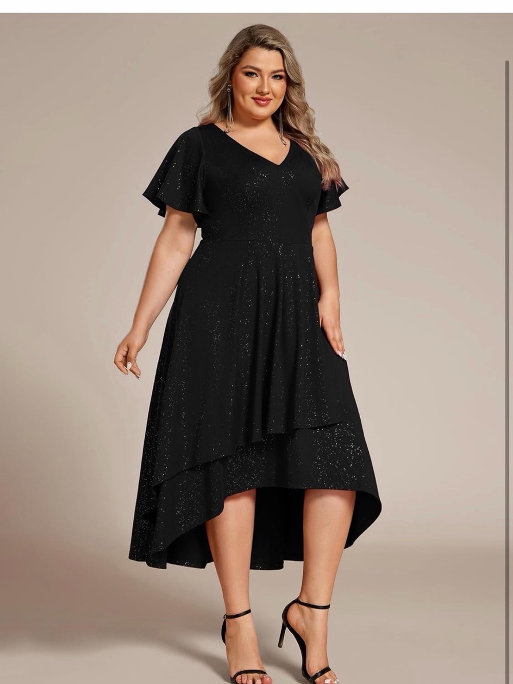 Ever Pretty Sparkle High-Low V-Neck Evening Dress in Dark Black US 22